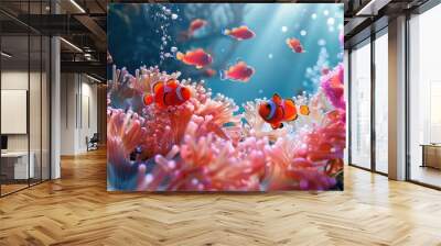 A colorful coral reef with a few fish swimming around Wall mural