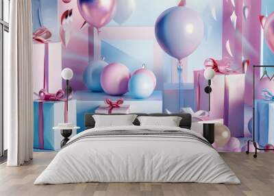 A colorful display of presents and balloons with a pink and blue theme Wall mural