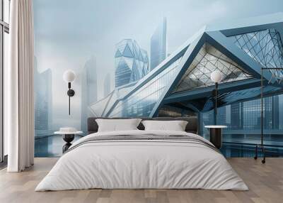 A large glass building with a triangular roof sits in front of a city skyline Wall mural