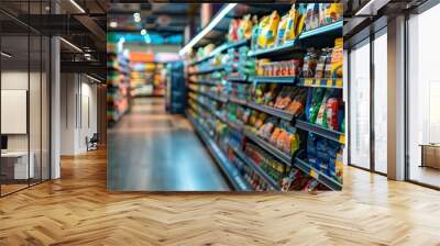 A large grocery store with many shelves of snacks and beverages Wall mural