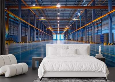 A large industrial warehouse with a bright blue floor and orange lights Wall mural