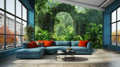 A lush green jungle with a stone archway in the middle Wall mural