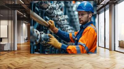 A man in a blue and orange safety suit is working on a pipe Wall mural