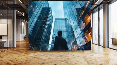 A man stands on a balcony of a high rise building, looking out over the city Wall mural