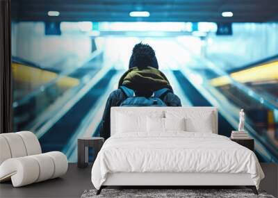 A man wearing a backpack is walking down an escalator Wall mural