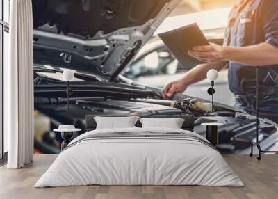 A mechanic is working on a car engine, looking at a tablet Wall mural