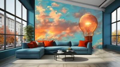 A person holds a light bulb in the air above a cloudy sky Wall mural