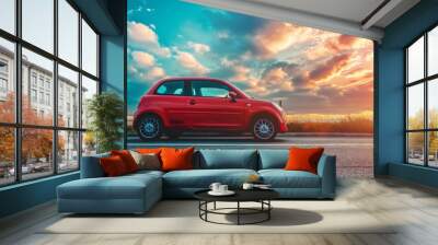 A red car is driving down a road with a beautiful sunset in the background Wall mural