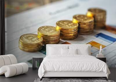 A stack of gold coins on top of a graph paper Wall mural