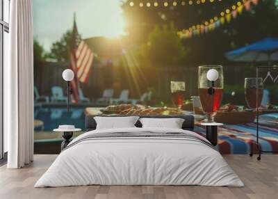 A table with a red, white, and blue tablecloth and a plate of food Wall mural