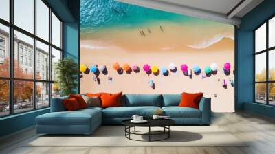 Aerial view of colorful umbrellas on sandy beach. Wall mural