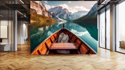 Beautiful view of a traditional wooden rowboat on a picturesque lake among the mountains. Generative AI	 Wall mural