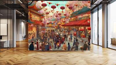 Celebration Chinese new year in china town. Dragon and paper red lanterns. AI generated. Wall mural