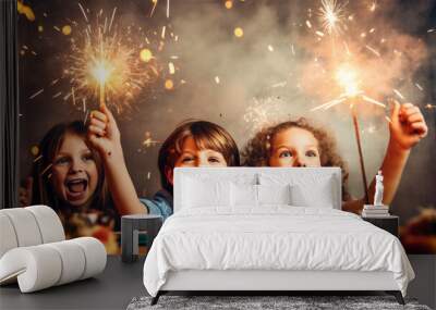 child have fun with sparkler for birthday party.   Wall mural