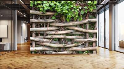 cottage-style wattle fence, using intertwining branches and twigs for a charming, eco-friendly barrier around the garden. Wall mural