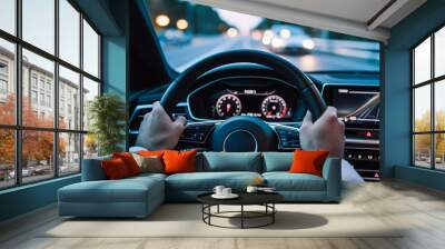 hands on the steering wheel in modern interior Wall mural