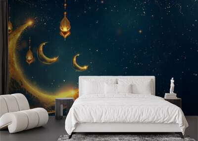 Islamic Eid Mubarak card with golden moon Wall mural