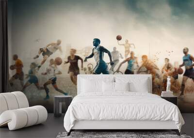 Multiple exposure concept of sport and active lifestyle. Generative AI Wall mural