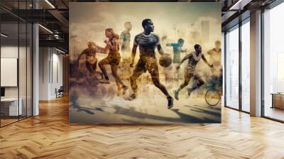 Multiple exposure concept of sport and active lifestyle. Generative AI Wall mural