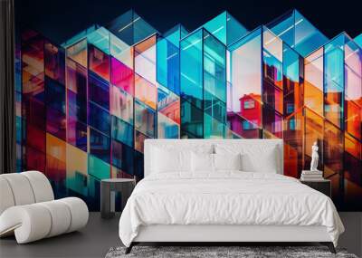 Multiple exposure of modern abstract glass architectural forms. Generative AI Wall mural