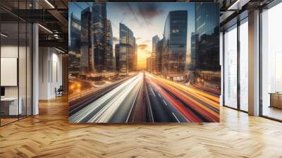 Multiple exposure of office buildings, exteriors and architecture reflecting the fast-paced business atmosphere in an ever-evolving and changing business world. Generative AI  Wall mural