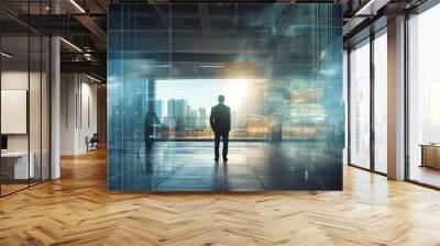 Multiple exposure of office buildings, exteriors and architecture reflecting the fast-paced business atmosphere in an ever-evolving and changing business world. Generative AI Wall mural