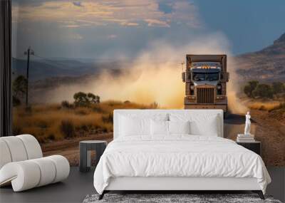 Powerful Semi-truck kicking up dust Wall mural