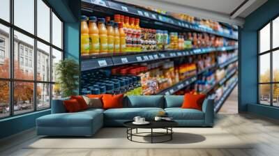 rows products on supermarket shelves. Wall mural