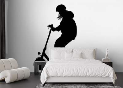 Silhouette of a person riding a scooter on a minimalist white background, capturing movement and freedom in an urban setting Wall mural