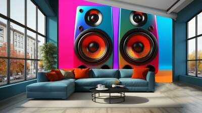 Two colorful sound speakers aside with free blank space for text. Generative AI Wall mural