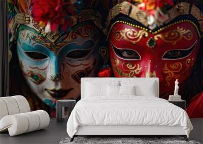 Two people wearing red and blue masks Wall mural