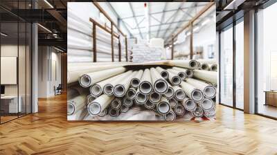 Warehouse of polypropylene pipes. Workshop with extruders for producing plastic pipes. High speed extrusion line of water suppply and gas pipe. Manufacturing facility. Wall mural