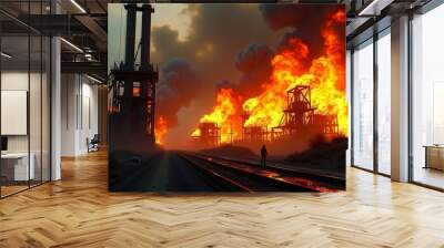 Dramatic scene of a raging industrial fire with intense flames and thick smoke engulfing structures. Captures the chaos and danger of industrial accidents, highlighting the power and destruction of fi Wall mural