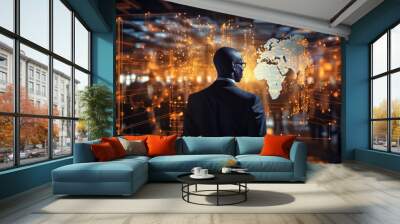 African businessman in front of the world map. The future of the African continent. Generated with AI.
 Wall mural