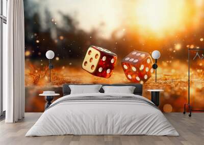 panoramic close up shot of 2 dice rolling on the ground Wall mural