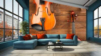 two violins in wood background Wall mural