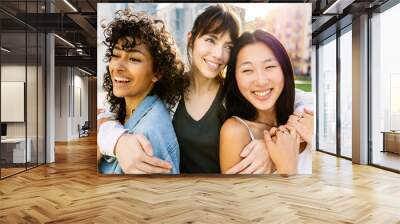 Three smiling young diverse women having fun together on city street. Happy female friends enjoying day off at weekend over urban background. Friendship and youth community concept. Wall mural