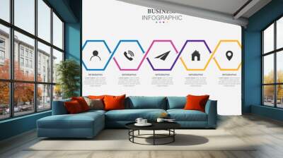 Vector infographic label design template with modern hexagon layout. Business concept with 5 steps Wall mural