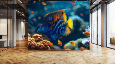 An underwater close-up of a colorful Emperor Angelfish swims ocean Wall mural