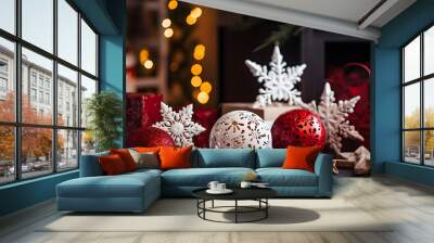 christmas  decorations balls and snowflakes background Wall mural