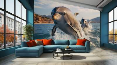 dolphin jumping out of the water - sunny day Wall mural