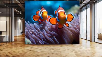 front view of two clown fish swimming in an anemone  Wall mural