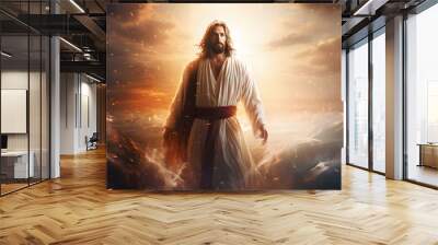 Jesus (front view) walking on water , beautiful sunset on back Wall mural