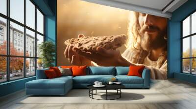 Jesus Christ giving out slice of bread with a blurred background Wall mural