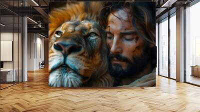 Jesus Christ is in the lion den, within a cave and snuggling with a lion Wall mural