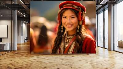 Peruvian woman in traditional clothing on an Inca trail - path in Cusco, Peru Wall mural