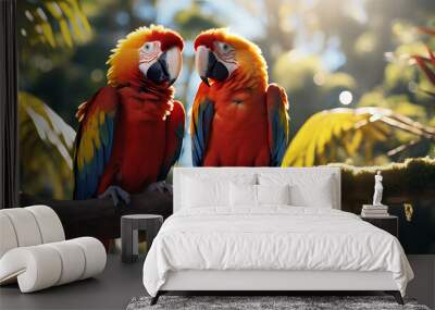 two Red/orange Bird sitting on a branch, Scarlet Macaw, Ara macao, Costa Rica. Scene of animals in a tropical forest. A beautiful parrot is sitting on a green tree in nature. Wall mural