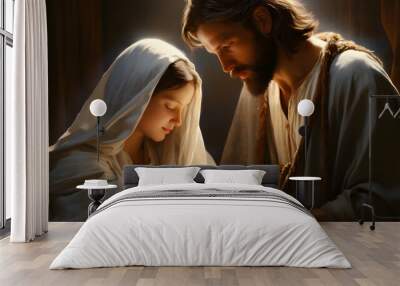 Virgin Mary and Joseph holding baby Jesus, nativity Wall mural