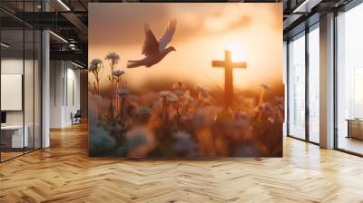 Winged Dove flying in front of the cross at sunset. Christian concept Wall mural