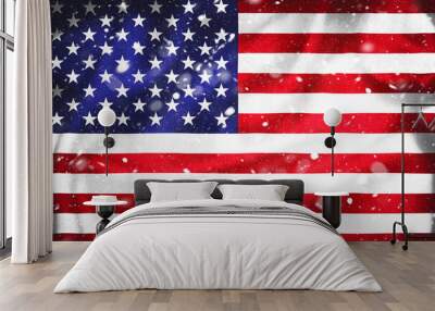 Grunge illustration of US flag with snow flakes Wall mural